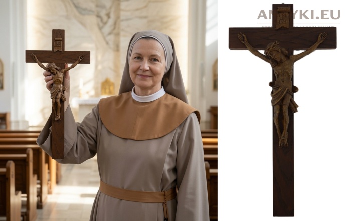 Krzyż zawieszany z drewna – rzeźbiony Chrystus i tabliczka INRI